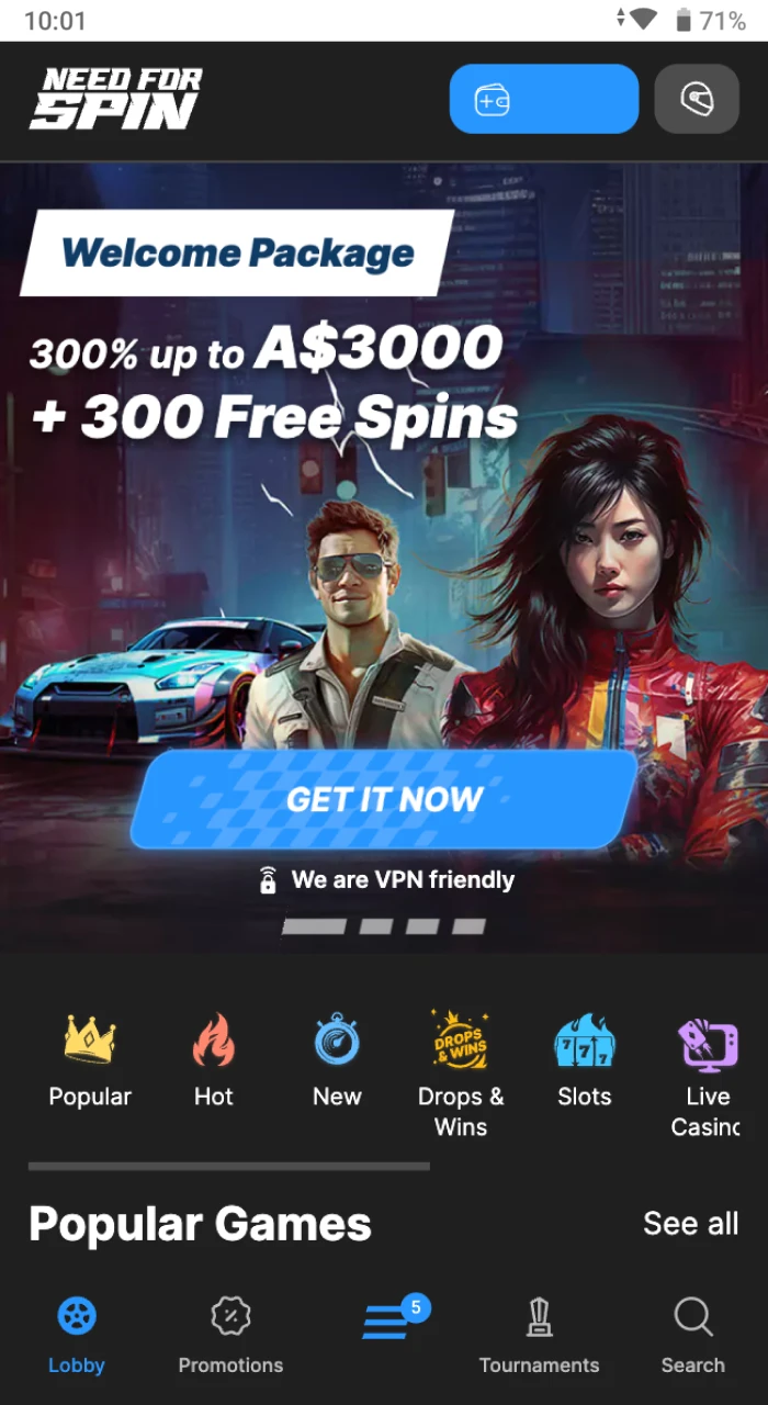 Official website of online casino Need For Spin in the application on ios.