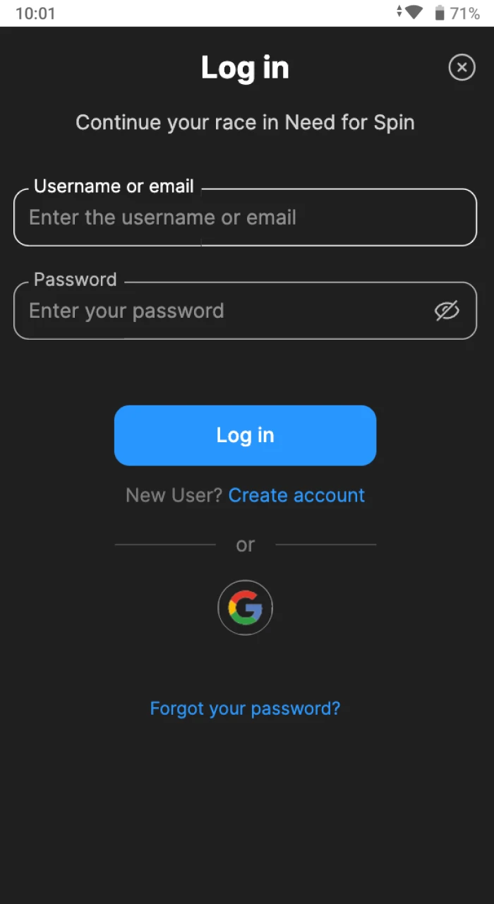 Login page for Need For Spin online casino on your phone.