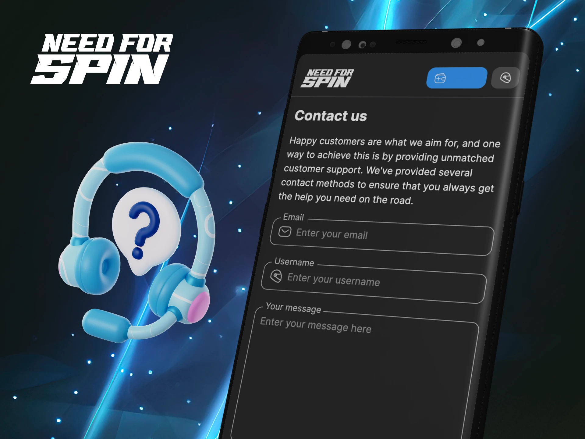 How can I contact the support service of the Need For Spin online casino website in the mobile application.