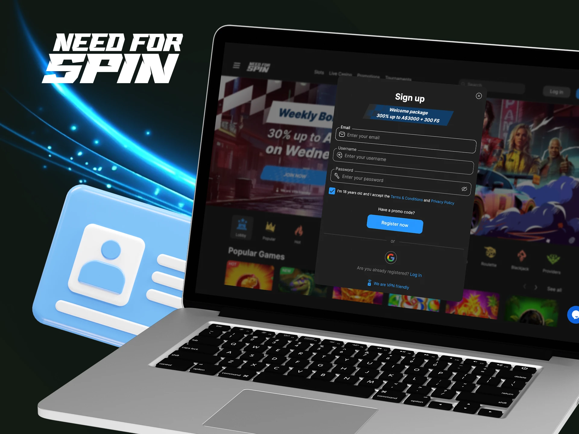 Instructions on how to create a new account on the Need For Spin online casino website.