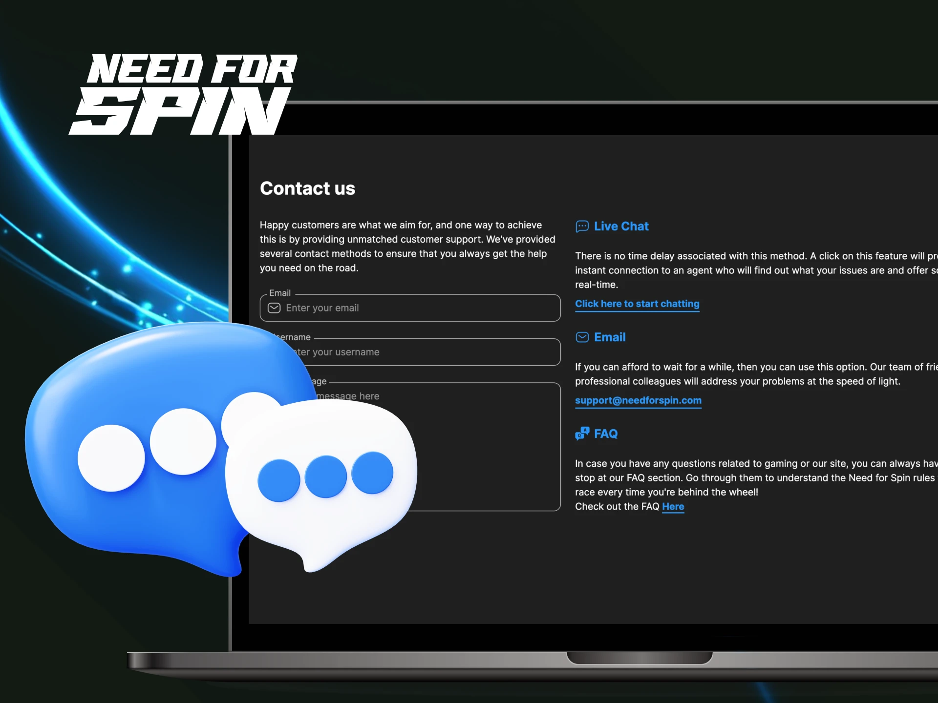 How can I contact customer support on the Need for Spin online casino website.