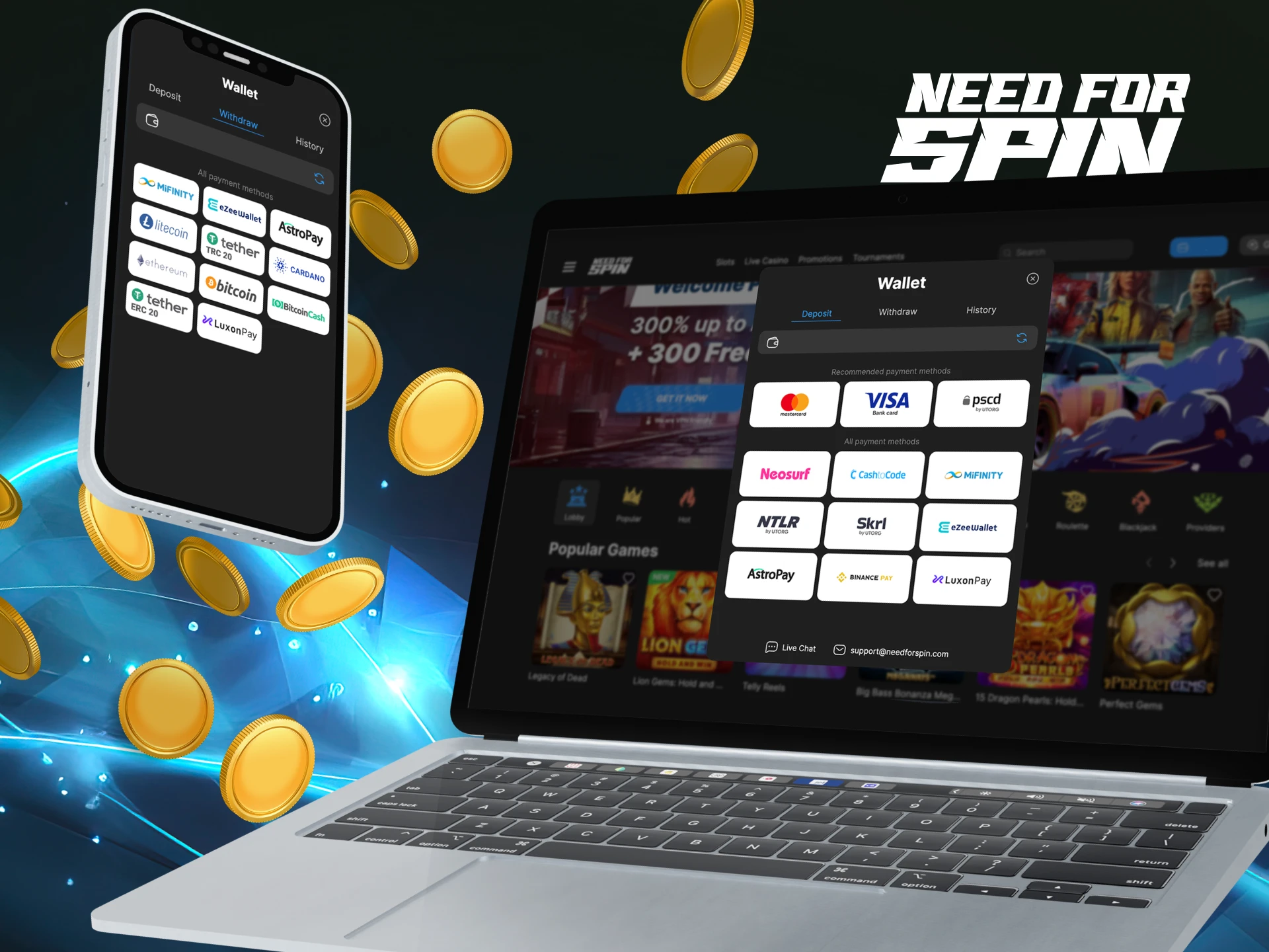 Can I use credit cards to deposit or withdraw money from my account on the Need for Spin online casino website.