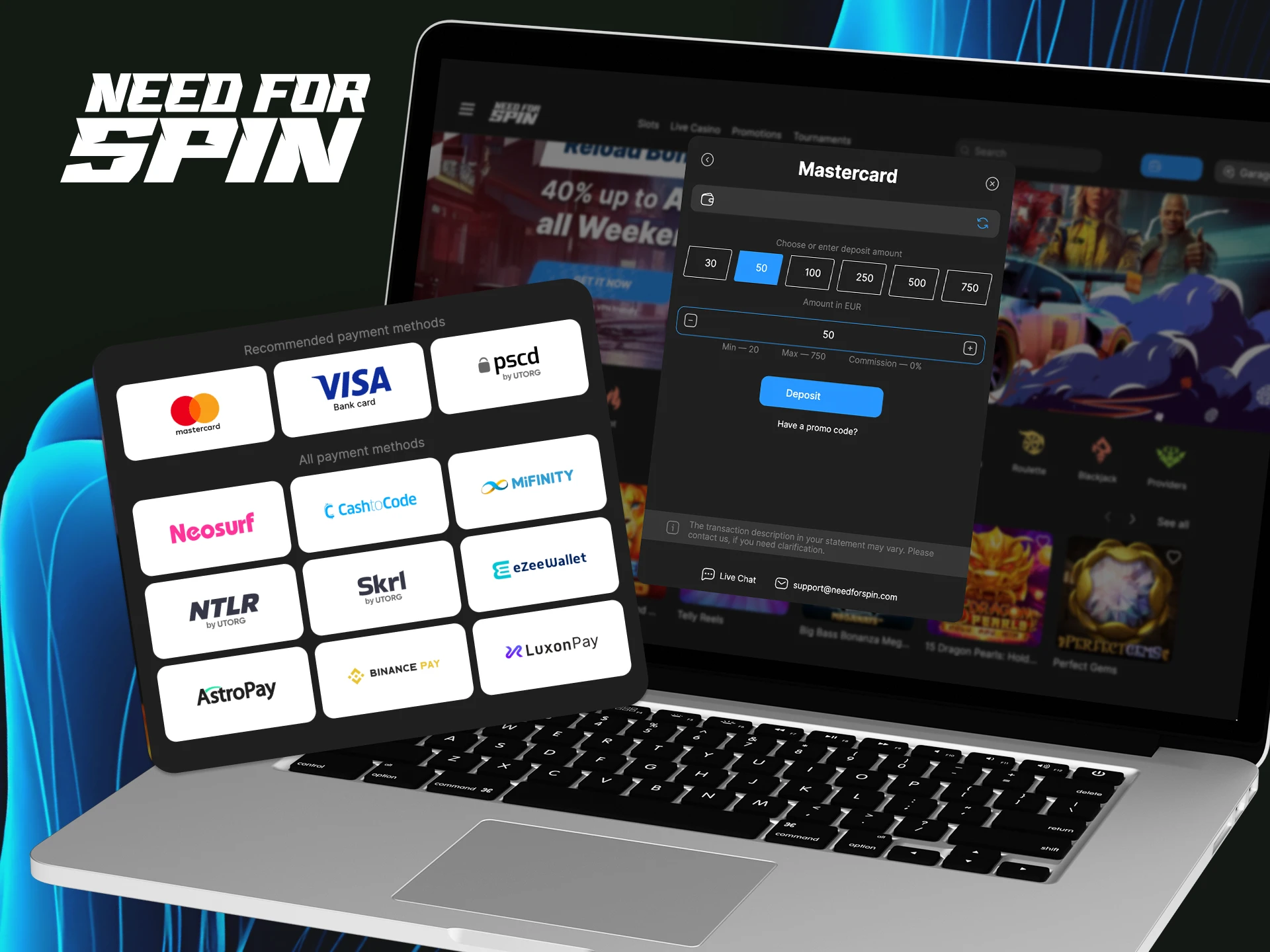 Instructions on how to deposit money into your game account on the Need for Spin online casino website.