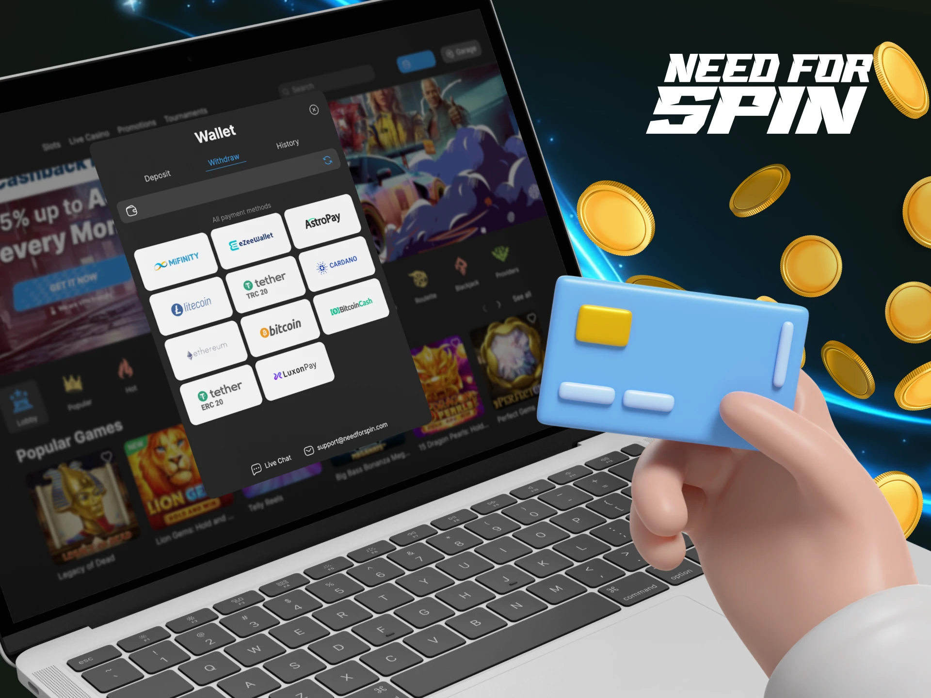 Instructions on how to withdraw money from a user account on the Need for Spin online casino website.